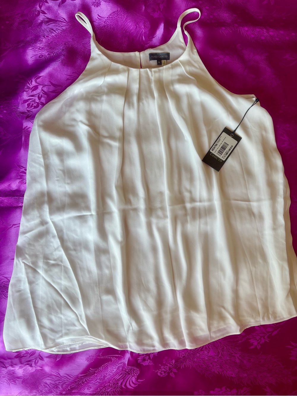 Vince Camuto White Pleated Silk-Look Spaghetti Strap Tank